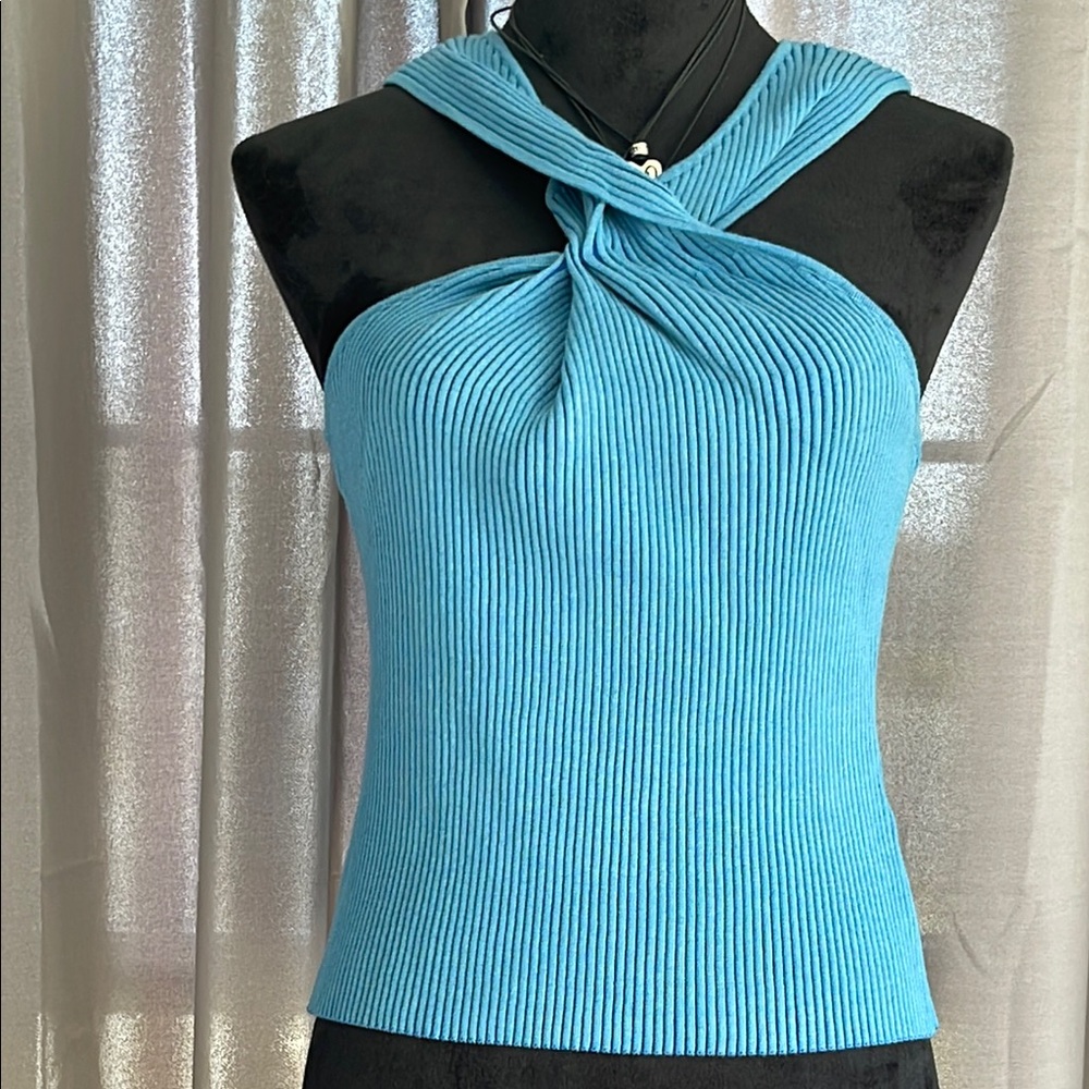 Hudson LA Blue Ribbed twist tank top. Size Large. Stunning,soft,elegant. NWT